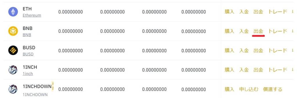 BNB「出金」を選択