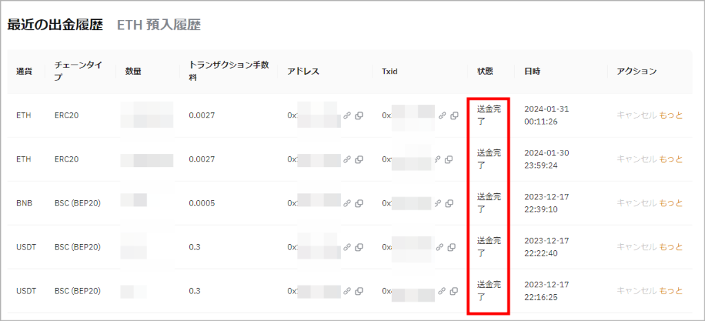 Bybit 資産の出金完了