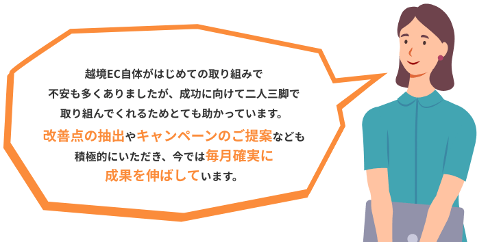 越境EC自体がはじめての取り組みで不安も多くありましたが、成功に向けて二人三脚で取り組んでくれるためとても助かっています。改善点の抽出やキャンペーンのご提案なども積極的にいただき、今では毎月確実に成果を伸ばしています。