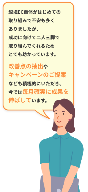 越境EC自体がはじめての取り組みで不安も多くありましたが、成功に向けて二人三脚で取り組んでくれるためとても助かっています。改善点の抽出やキャンペーンのご提案なども積極的にいただき、今では毎月確実に成果を伸ばしています。